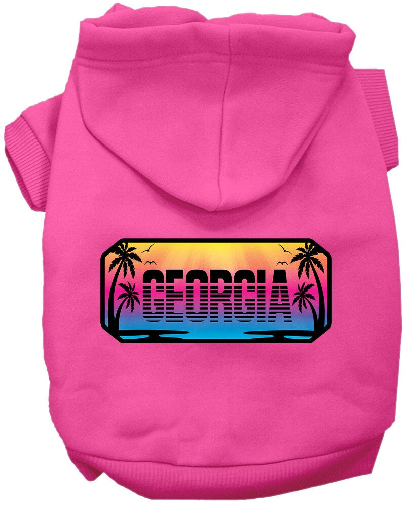 A medium to large pet wearing a stylish screen printed hoodie with 'Georgia Beach Shades' design, showcasing comfort and durability.
