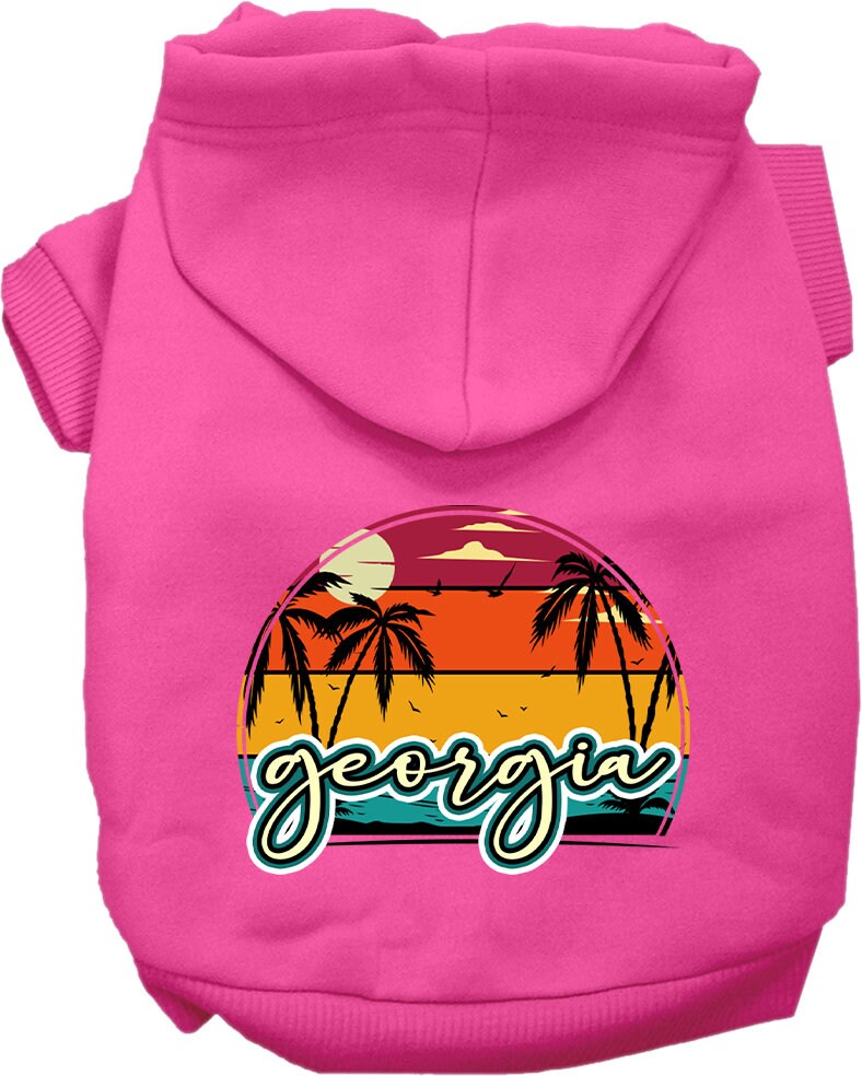 A cozy pet hoodie for medium to large dogs and cats, featuring a vibrant Georgia Retro Beach Sunset design, perfect for stylish outings.