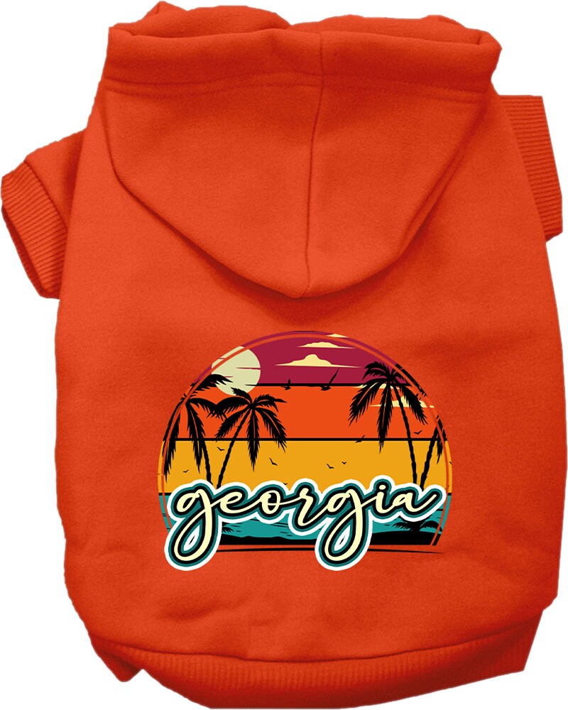 A cozy pet hoodie for medium to large dogs and cats, featuring a vibrant Georgia Retro Beach Sunset design, perfect for stylish outings.