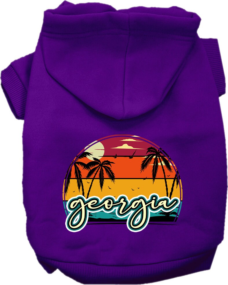 A cozy pet hoodie for medium to large dogs and cats, featuring a vibrant Georgia Retro Beach Sunset design, perfect for stylish outings.