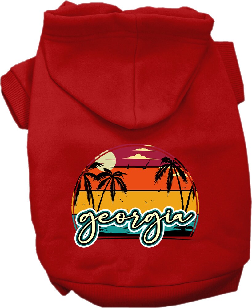 A cozy pet hoodie for medium to large dogs and cats, featuring a vibrant Georgia Retro Beach Sunset design, perfect for stylish outings.