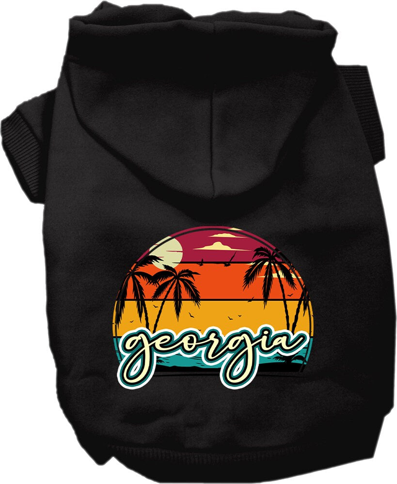 A cozy pet hoodie for medium to large dogs and cats, featuring a vibrant Georgia Retro Beach Sunset design, perfect for stylish outings.