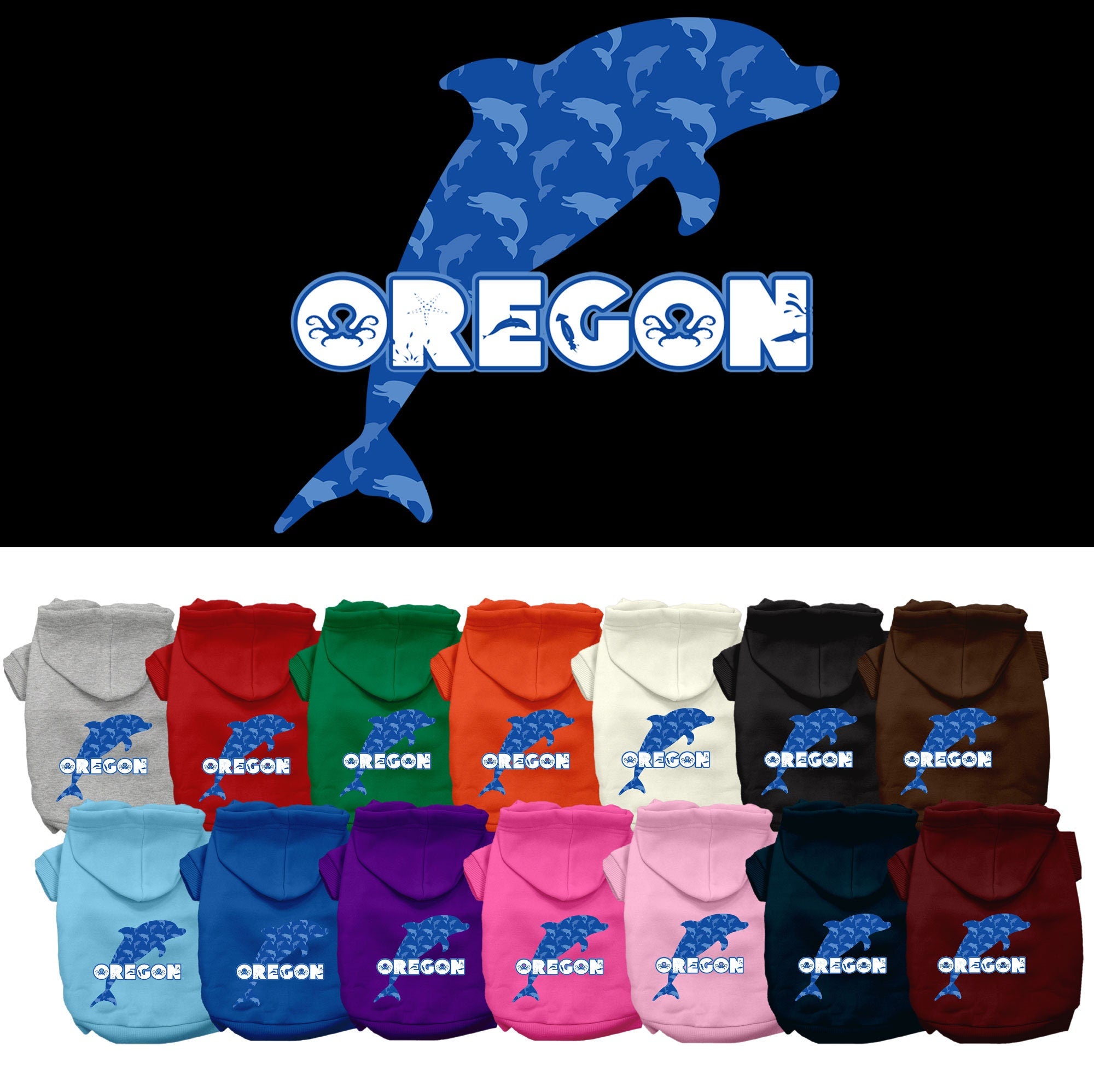 A cozy screen printed hoodie for medium to large pets featuring the 'Oregon Blue Dolphins' design, perfect for dogs and cats.