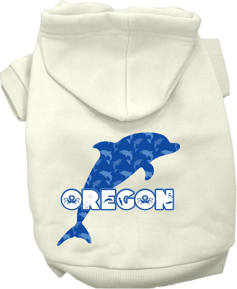 A cozy screen printed hoodie for medium to large pets featuring the 'Oregon Blue Dolphins' design, perfect for dogs and cats.