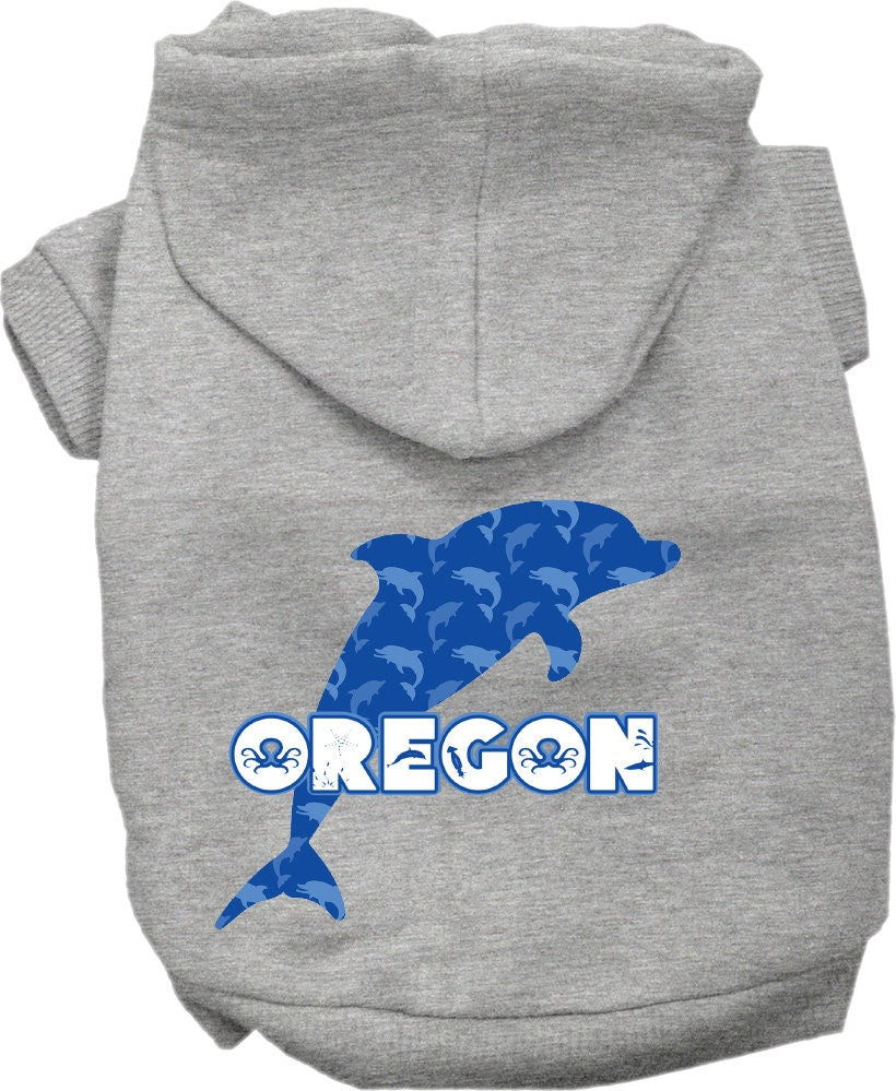 A cozy screen printed hoodie for medium to large pets featuring the 'Oregon Blue Dolphins' design, perfect for dogs and cats.