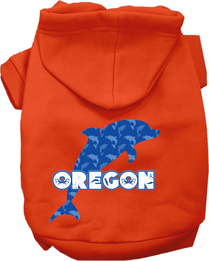 A cozy screen printed hoodie for medium to large pets featuring the 'Oregon Blue Dolphins' design, perfect for dogs and cats.