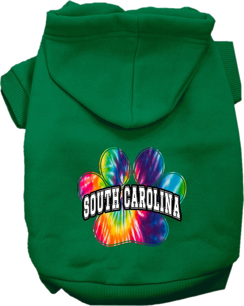 A vibrant South Carolina Bright Tie Dye hoodie for medium to large dogs and cats, showcasing its soft fabric and convenient leash access hole.