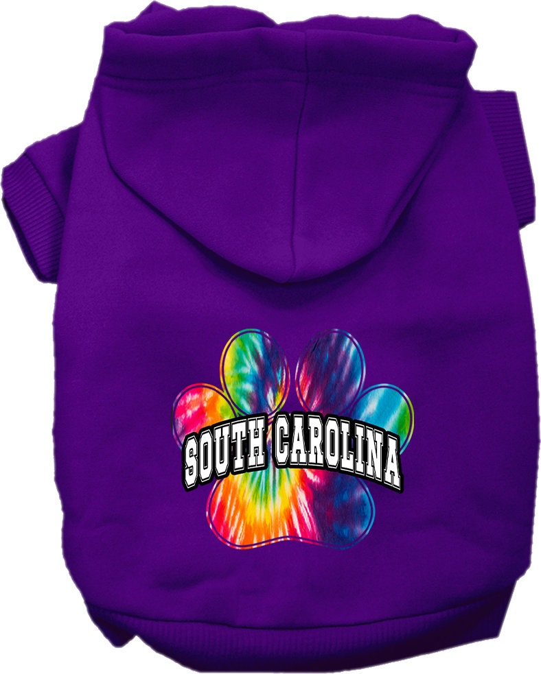 A vibrant South Carolina Bright Tie Dye hoodie for medium to large dogs and cats, showcasing its soft fabric and convenient leash access hole.