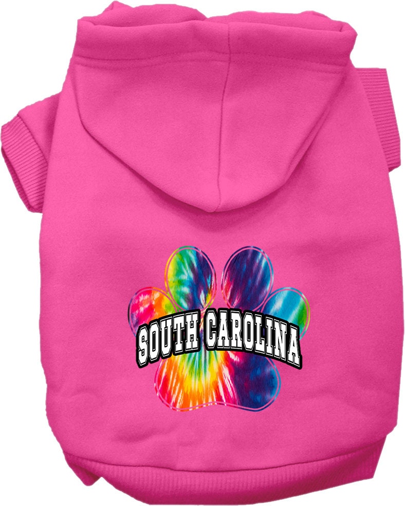 A vibrant South Carolina Bright Tie Dye hoodie for medium to large dogs and cats, showcasing its soft fabric and convenient leash access hole.