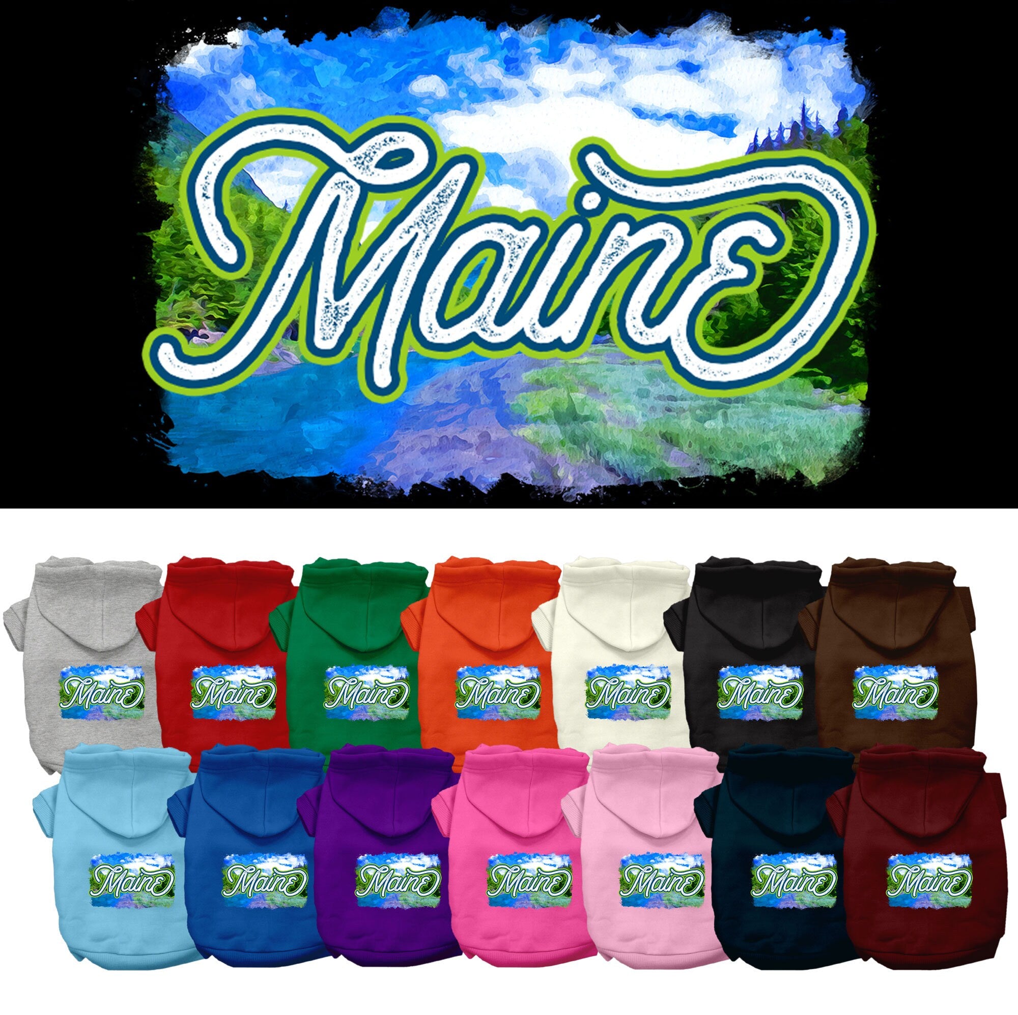 A cozy screen printed hoodie for medium to large pets, featuring a vibrant 'Maine Summer' design, perfect for dogs and cats.