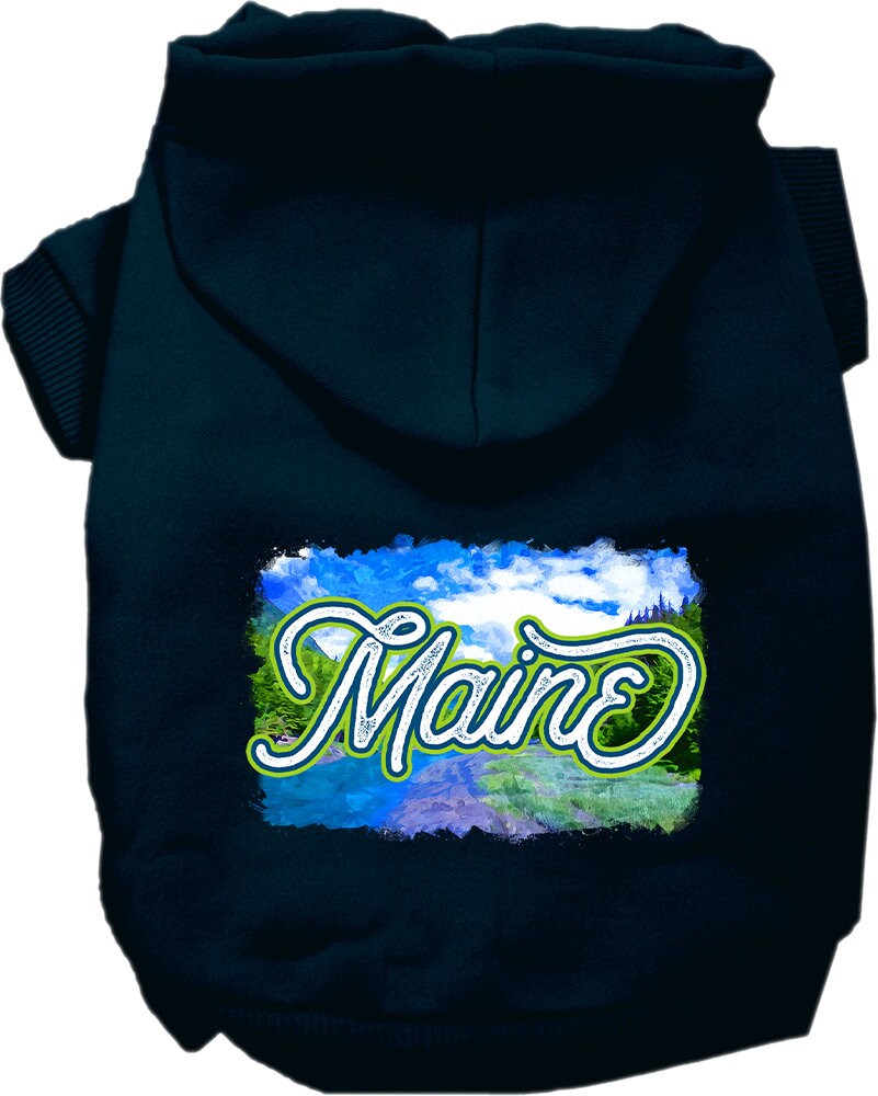 A cozy screen printed hoodie for medium to large pets, featuring a vibrant 'Maine Summer' design, perfect for dogs and cats.