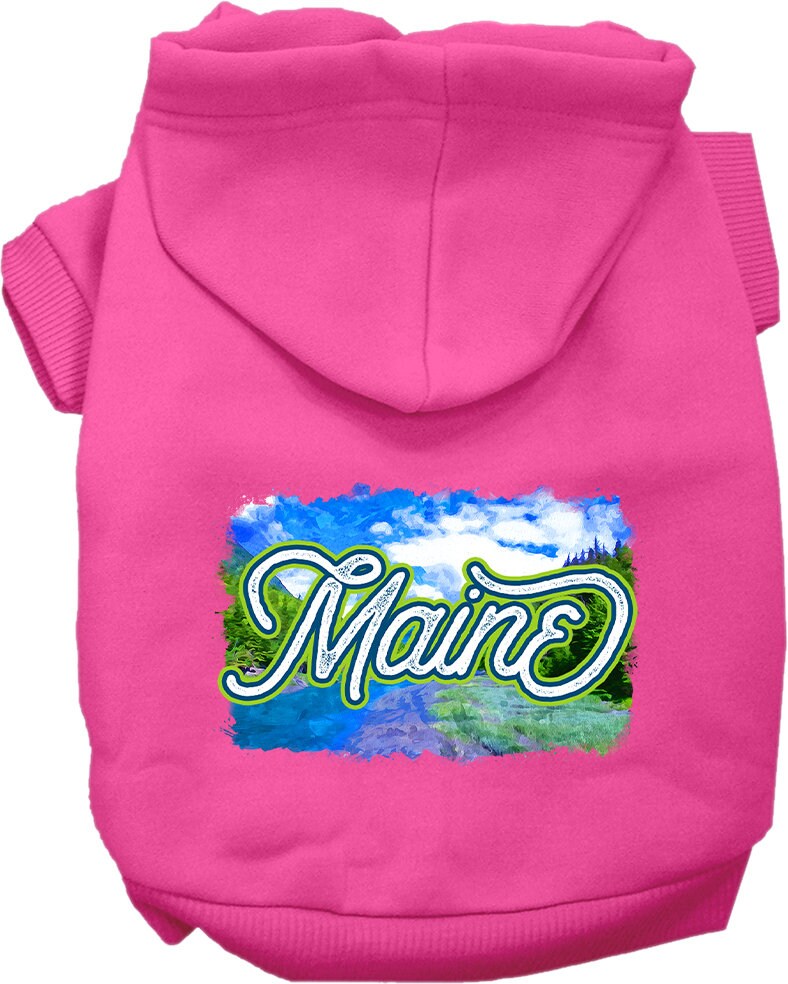 A cozy screen printed hoodie for medium to large pets, featuring a vibrant 'Maine Summer' design, perfect for dogs and cats.