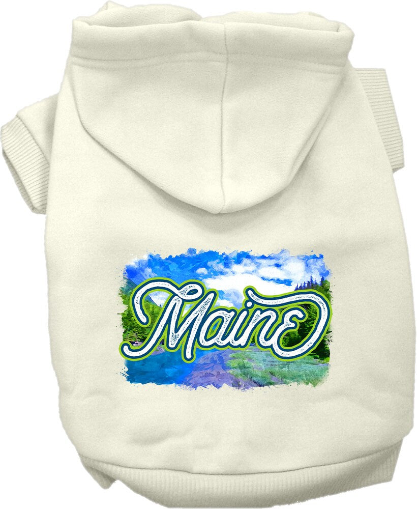 A cozy screen printed hoodie for medium to large pets, featuring a vibrant 'Maine Summer' design, perfect for dogs and cats.