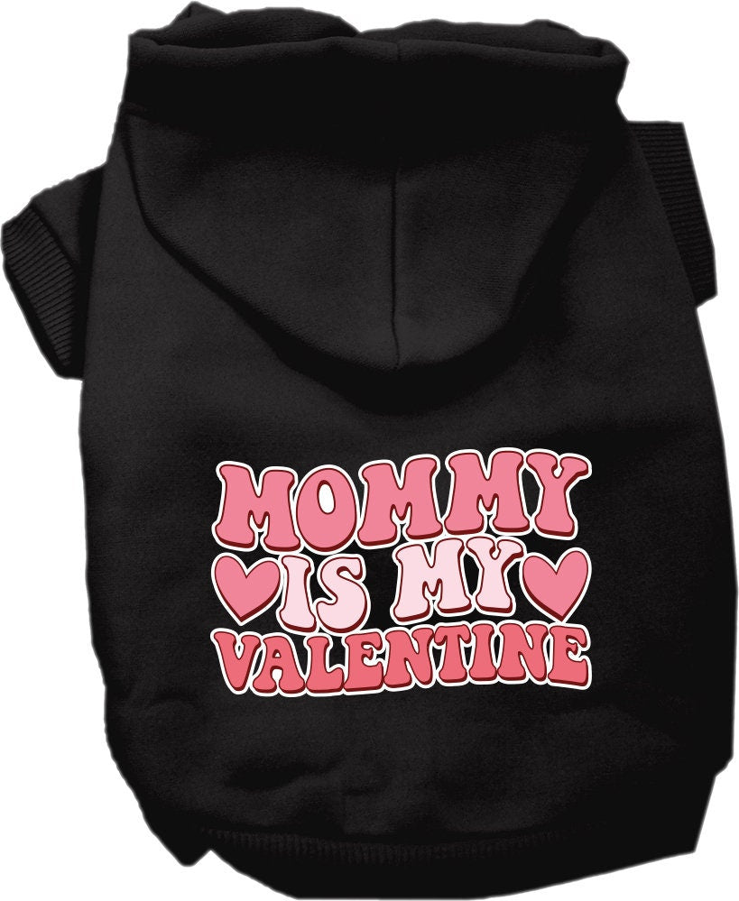 A cozy screen printed hoodie for medium to large pets, featuring the phrase 'Mommy Is My Valentine', designed for comfort and durability.