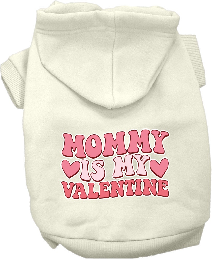 A cozy screen printed hoodie for medium to large pets, featuring the phrase 'Mommy Is My Valentine', designed for comfort and durability.