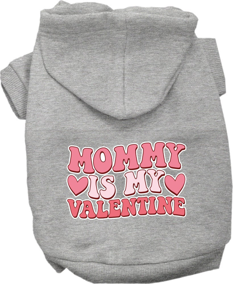 A cozy screen printed hoodie for medium to large pets, featuring the phrase 'Mommy Is My Valentine', designed for comfort and durability.