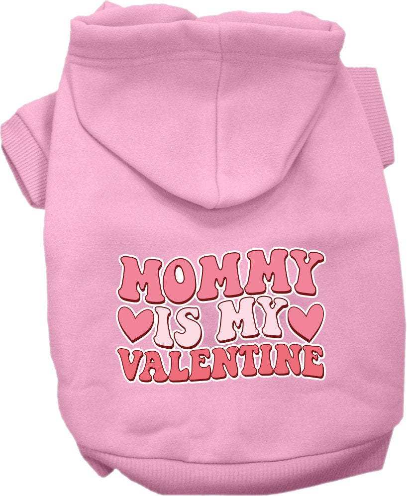 A cozy screen printed hoodie for medium to large pets, featuring the phrase 'Mommy Is My Valentine', designed for comfort and durability.