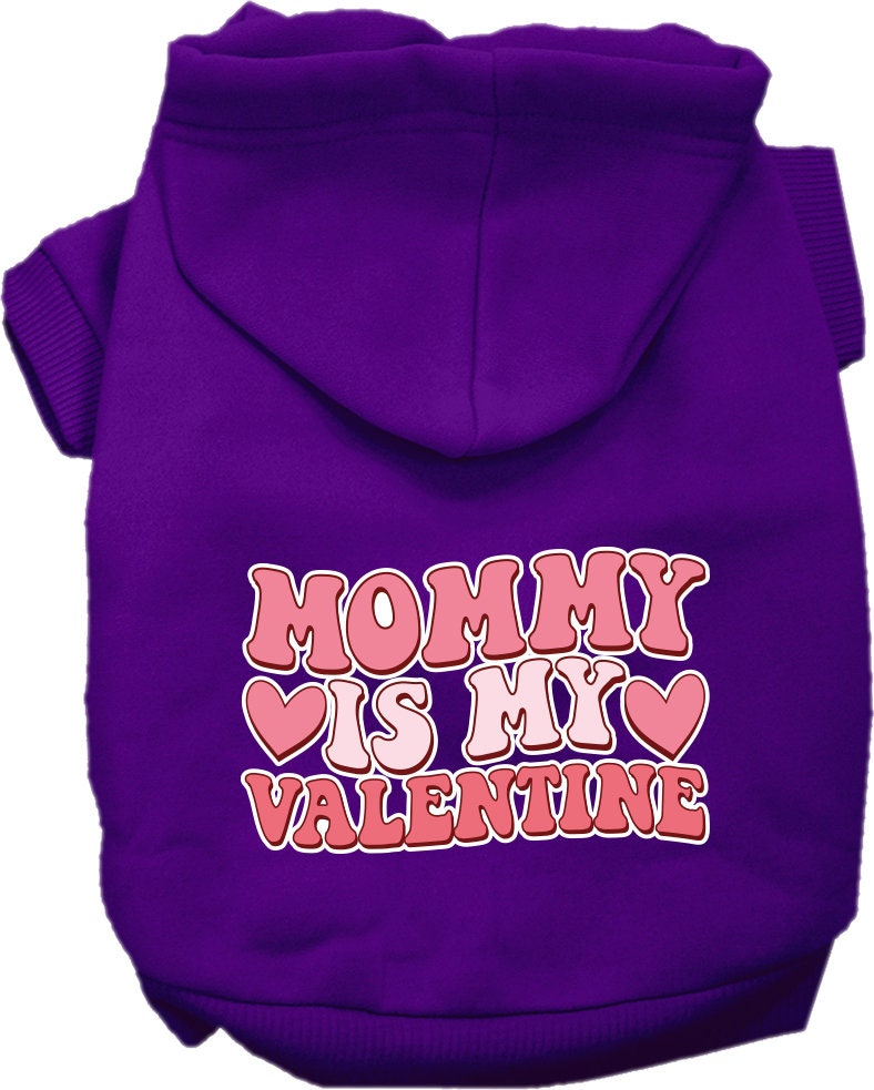 A cozy screen printed hoodie for medium to large pets, featuring the phrase 'Mommy Is My Valentine', designed for comfort and durability.
