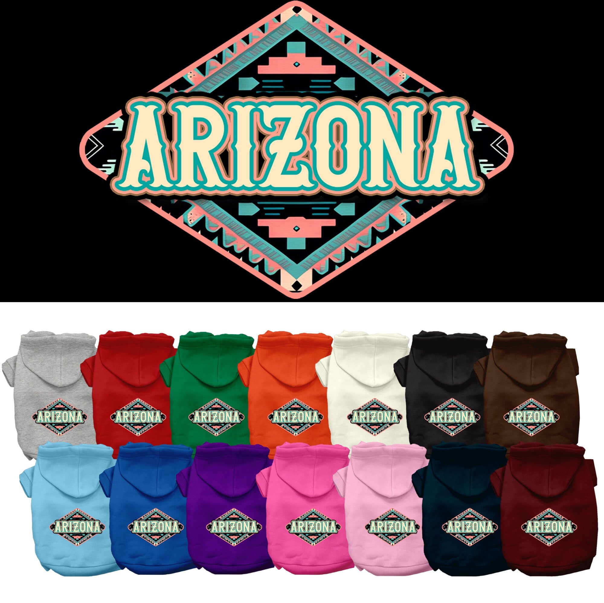 A medium to large pet wearing a soft, warm hoodie with a unique Arizona Peach Aztec print, showcasing its stylish design and convenient leash access.