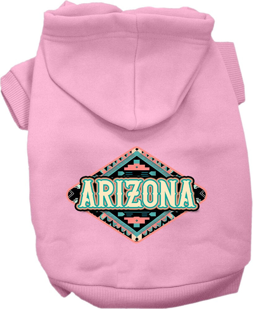 A medium to large pet wearing a soft, warm hoodie with a unique Arizona Peach Aztec print, showcasing its stylish design and convenient leash access.
