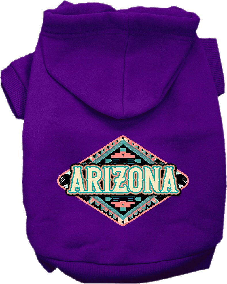 A medium to large pet wearing a soft, warm hoodie with a unique Arizona Peach Aztec print, showcasing its stylish design and convenient leash access.