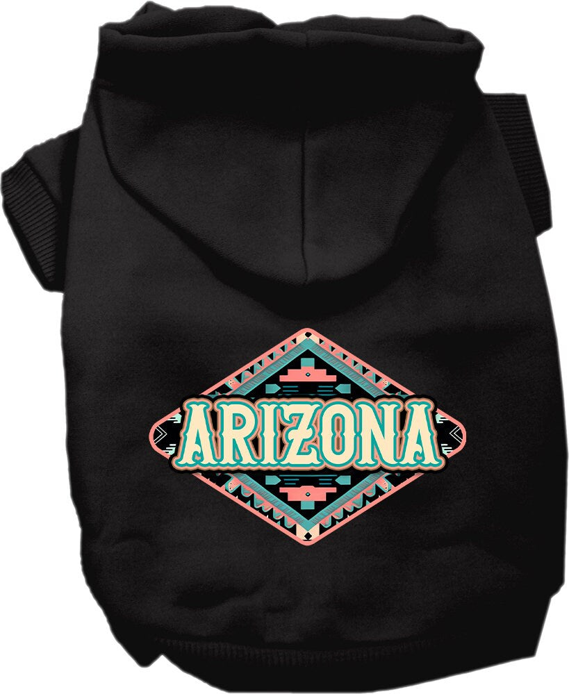 A medium to large pet wearing a soft, warm hoodie with a unique Arizona Peach Aztec print, showcasing its stylish design and convenient leash access.