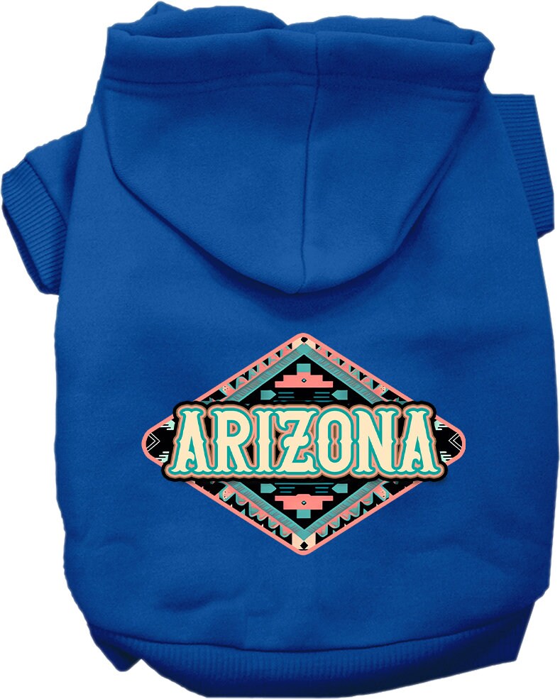 A medium to large pet wearing a soft, warm hoodie with a unique Arizona Peach Aztec print, showcasing its stylish design and convenient leash access.