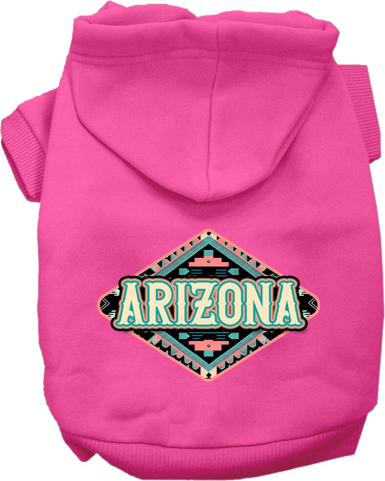 A medium to large pet wearing a soft, warm hoodie with a unique Arizona Peach Aztec print, showcasing its stylish design and convenient leash access.