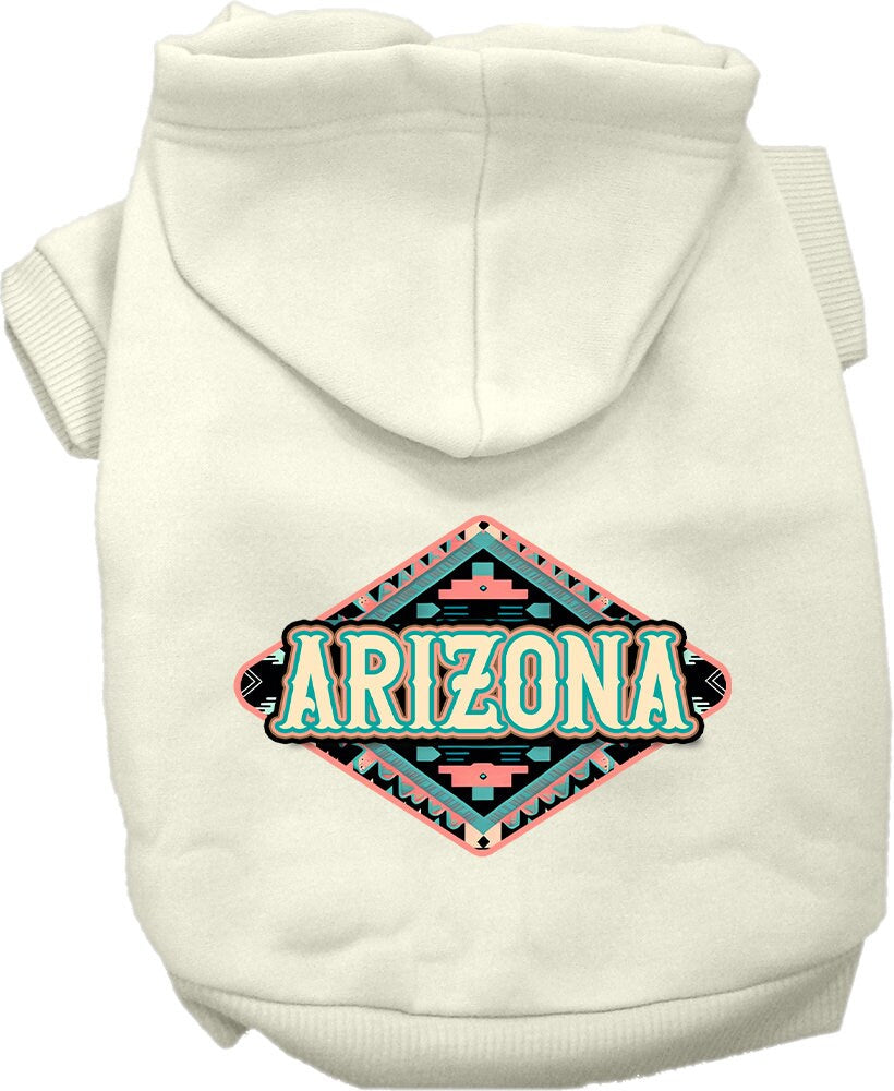 A medium to large pet wearing a soft, warm hoodie with a unique Arizona Peach Aztec print, showcasing its stylish design and convenient leash access.