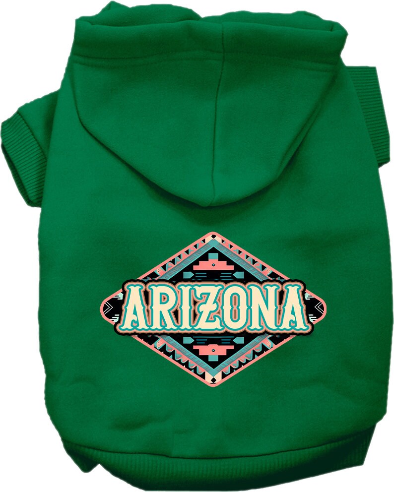 A medium to large pet wearing a soft, warm hoodie with a unique Arizona Peach Aztec print, showcasing its stylish design and convenient leash access.