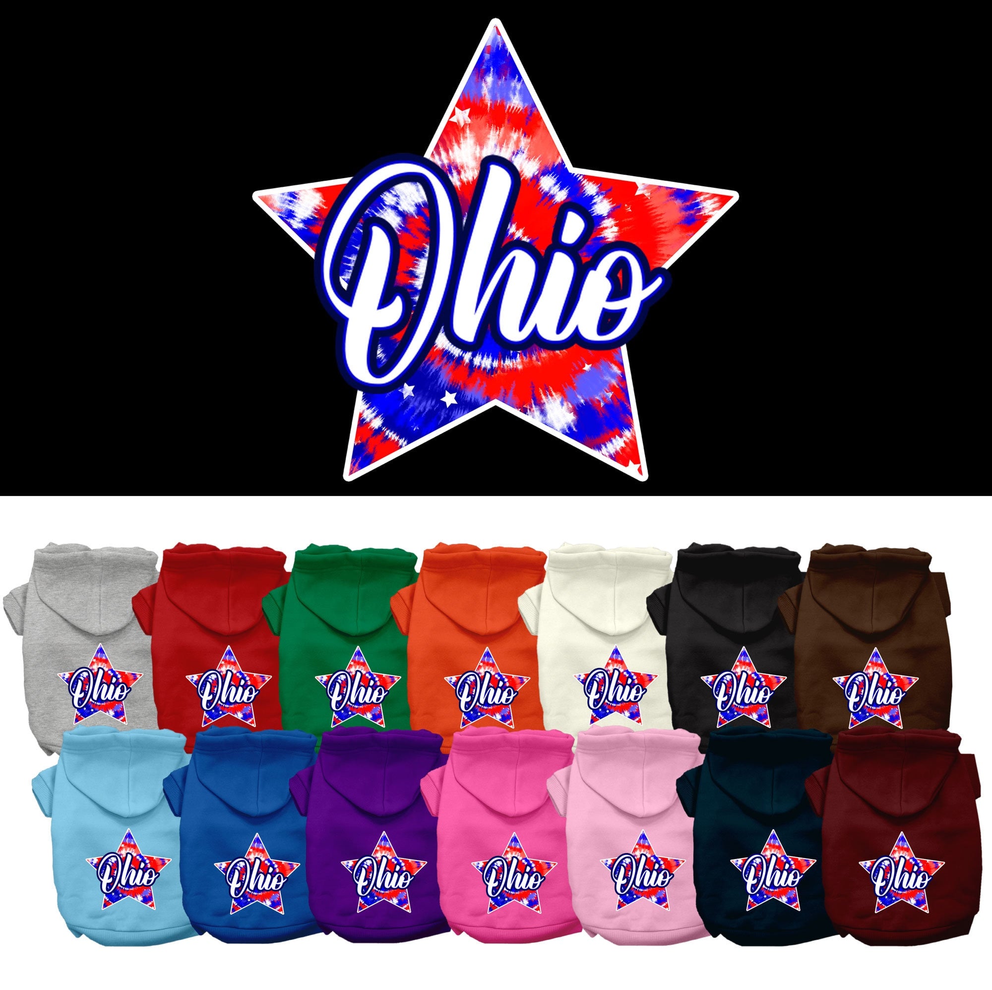 Ohio Patriotic Tie Dye hoodie for medium to large pets, showcasing vibrant colors and a comfortable fit.