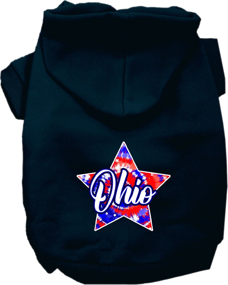 Ohio Patriotic Tie Dye hoodie for medium to large pets, showcasing vibrant colors and a comfortable fit.