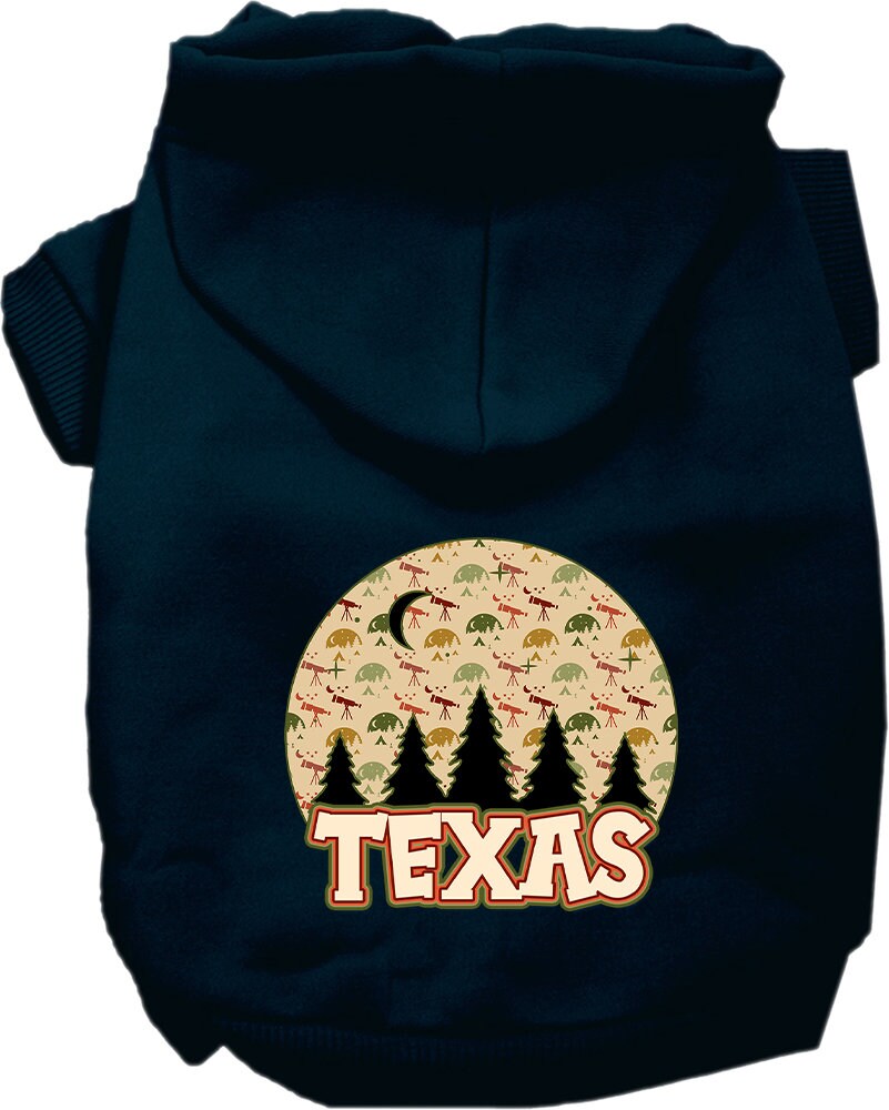 A cozy screen printed hoodie for medium to large pets featuring a 'Texas Under The Stars' design, showcasing its soft fabric and durable stitching.