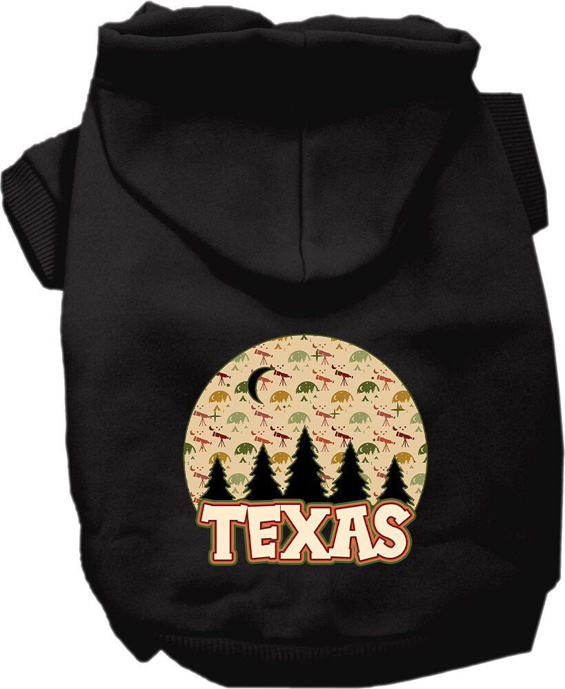 A cozy screen printed hoodie for medium to large pets featuring a 'Texas Under The Stars' design, showcasing its soft fabric and durable stitching.