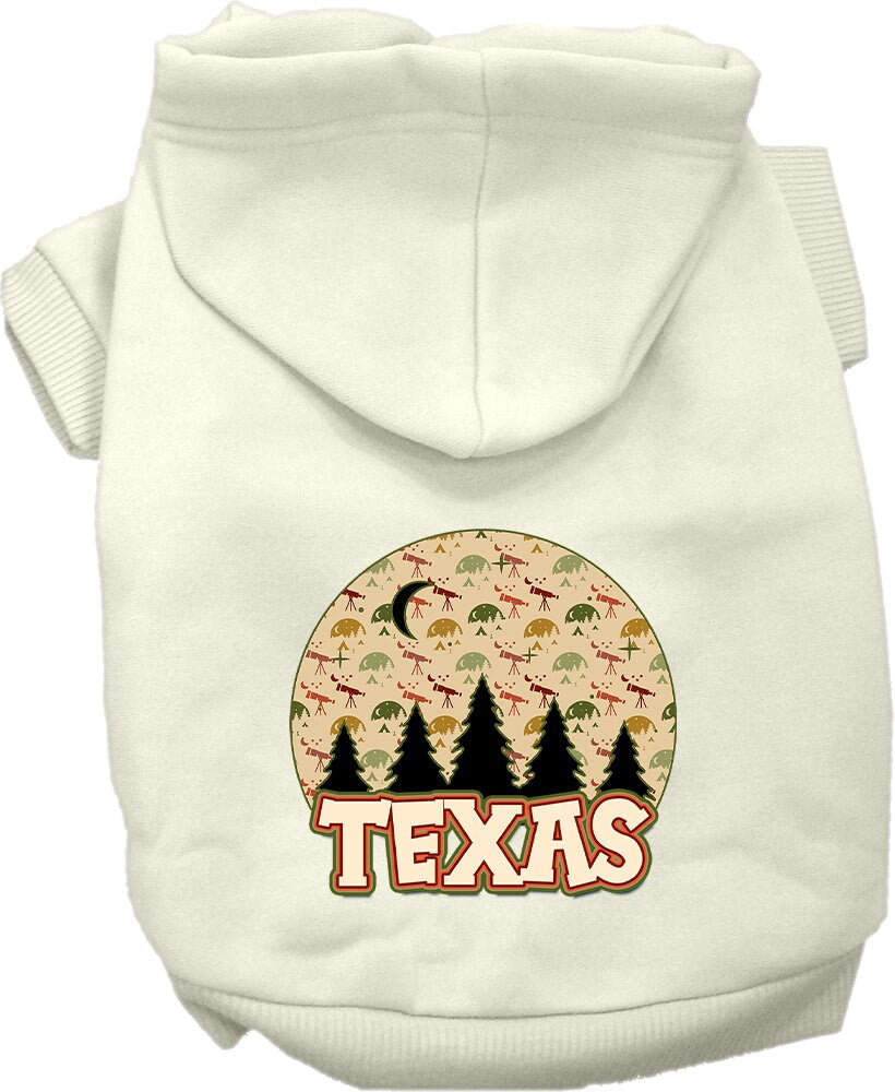 A cozy screen printed hoodie for medium to large pets featuring a 'Texas Under The Stars' design, showcasing its soft fabric and durable stitching.
