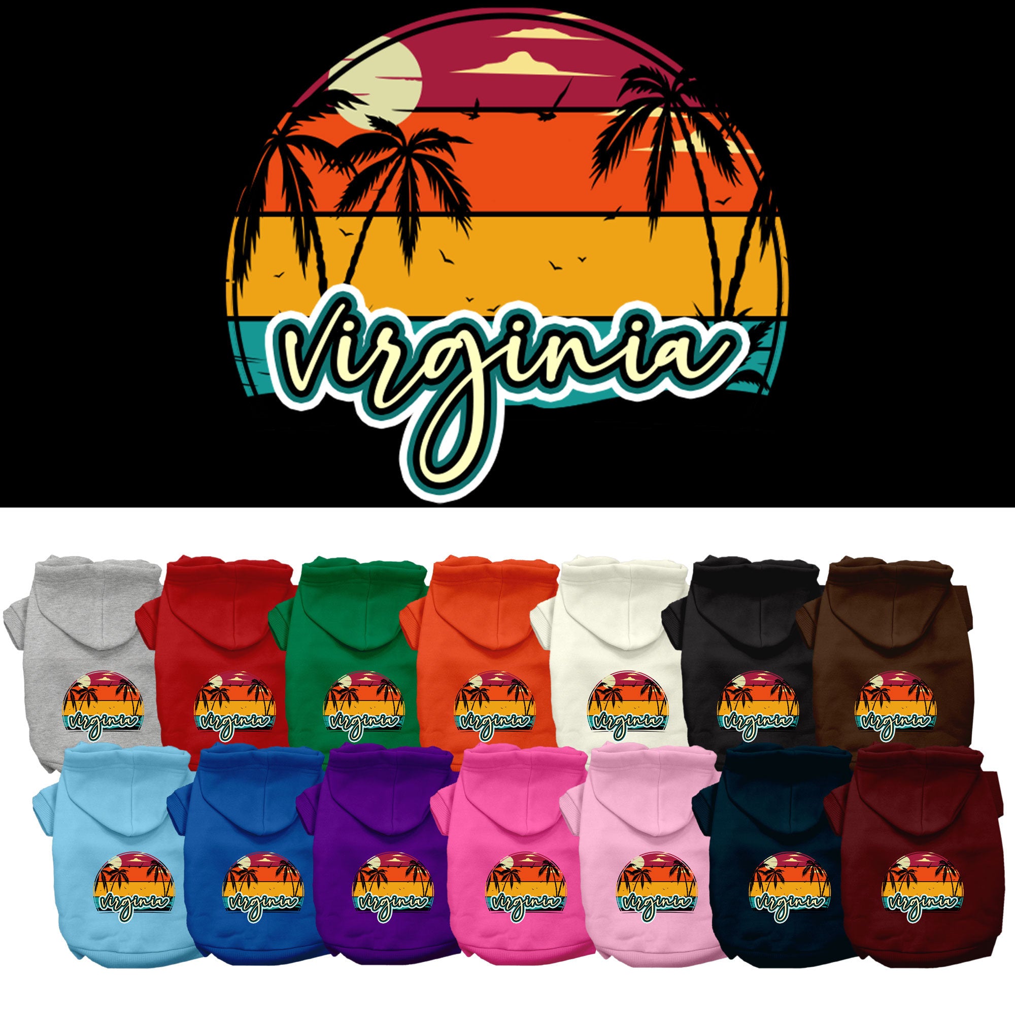 A medium to large pet wearing a soft and stylish screen printed hoodie featuring a Virginia Retro Beach Sunset design, showcasing comfort and durability.