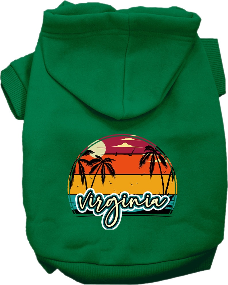 A medium to large pet wearing a soft and stylish screen printed hoodie featuring a Virginia Retro Beach Sunset design, showcasing comfort and durability.