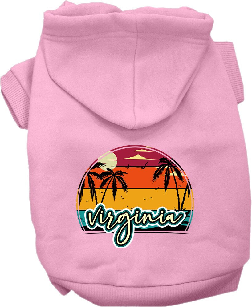 A medium to large pet wearing a soft and stylish screen printed hoodie featuring a Virginia Retro Beach Sunset design, showcasing comfort and durability.