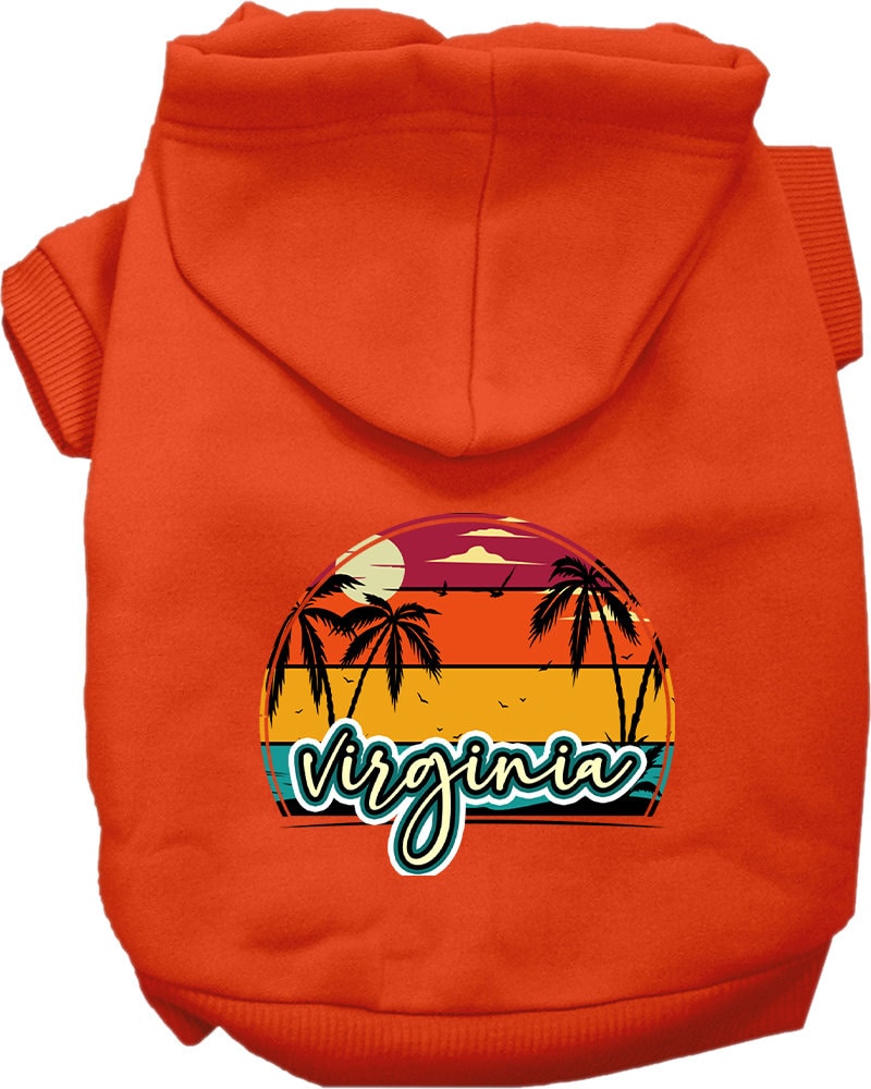 A medium to large pet wearing a soft and stylish screen printed hoodie featuring a Virginia Retro Beach Sunset design, showcasing comfort and durability.