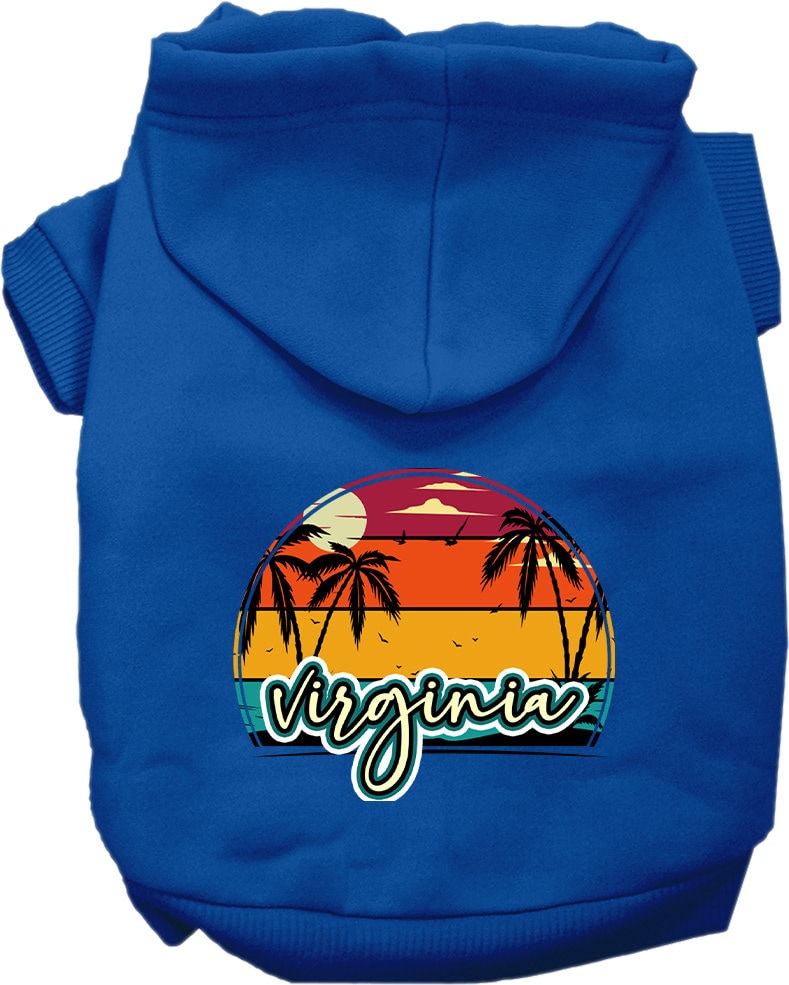 A medium to large pet wearing a soft and stylish screen printed hoodie featuring a Virginia Retro Beach Sunset design, showcasing comfort and durability.