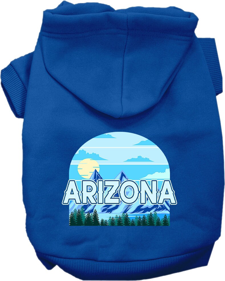A medium to large pet wearing a stylish screen printed hoodie with the 'Arizona Trailblazer' design, showcasing comfort and durability.
