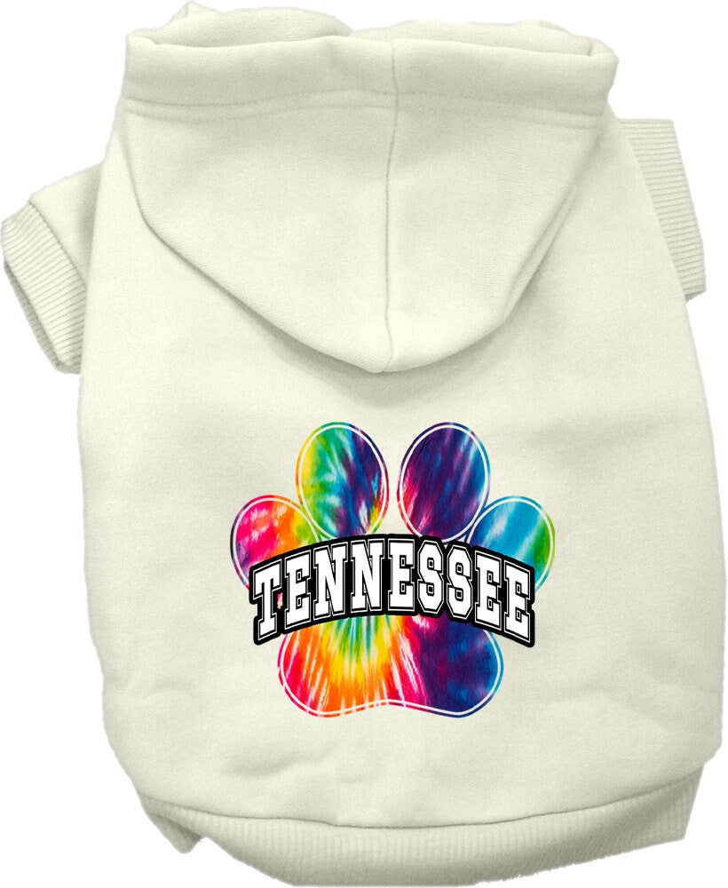 A vibrant Tennessee Bright Tie Dye hoodie designed for medium to large dogs and cats, showcasing its soft fabric and durable stitching.