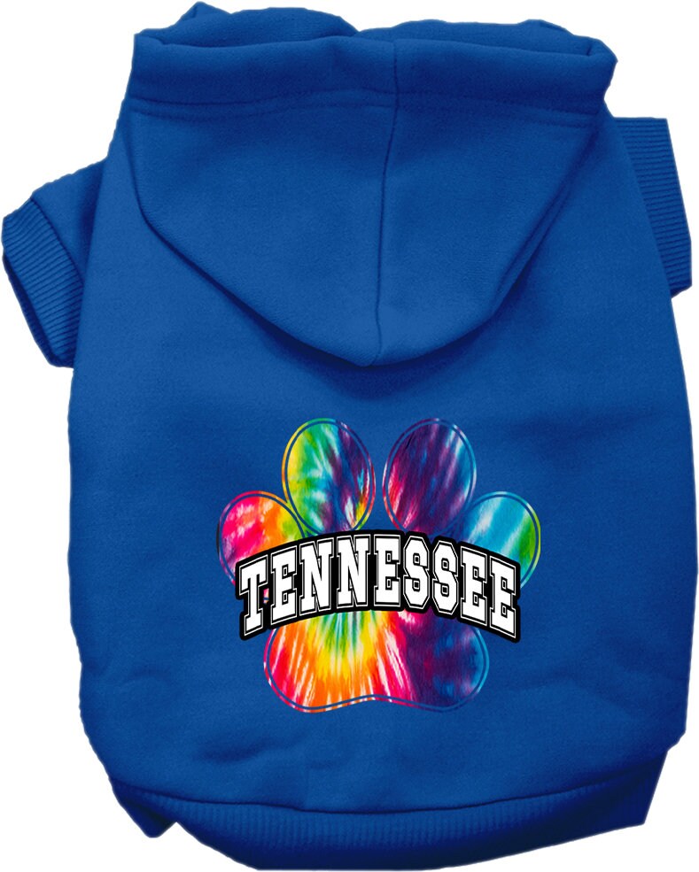 A vibrant Tennessee Bright Tie Dye hoodie designed for medium to large dogs and cats, showcasing its soft fabric and durable stitching.