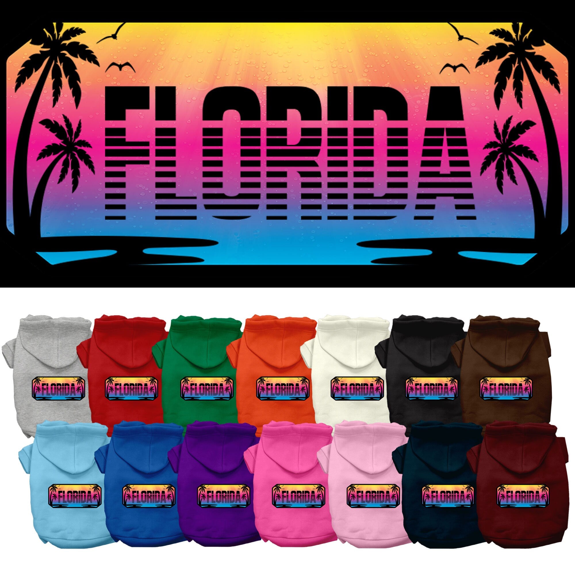 A medium to large pet wearing a stylish screen printed hoodie with a 'Florida Beach Shades' design, showcasing comfort and durability.