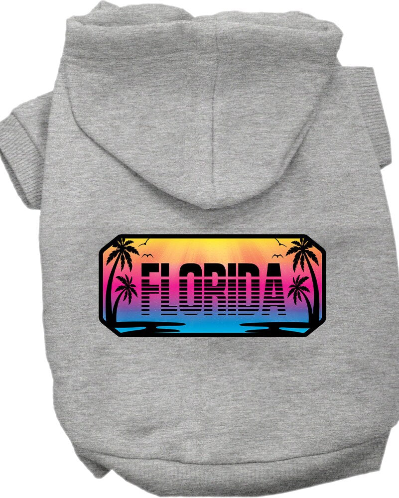 A medium to large pet wearing a stylish screen printed hoodie with a 'Florida Beach Shades' design, showcasing comfort and durability.