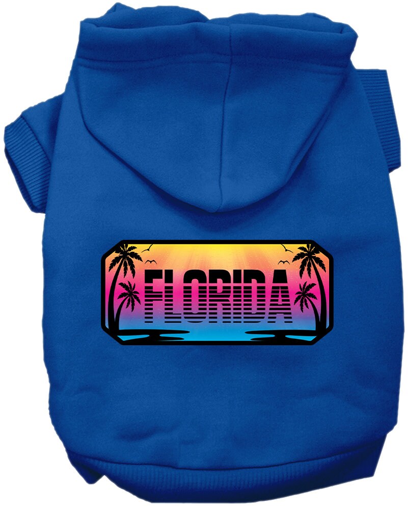 A medium to large pet wearing a stylish screen printed hoodie with a 'Florida Beach Shades' design, showcasing comfort and durability.
