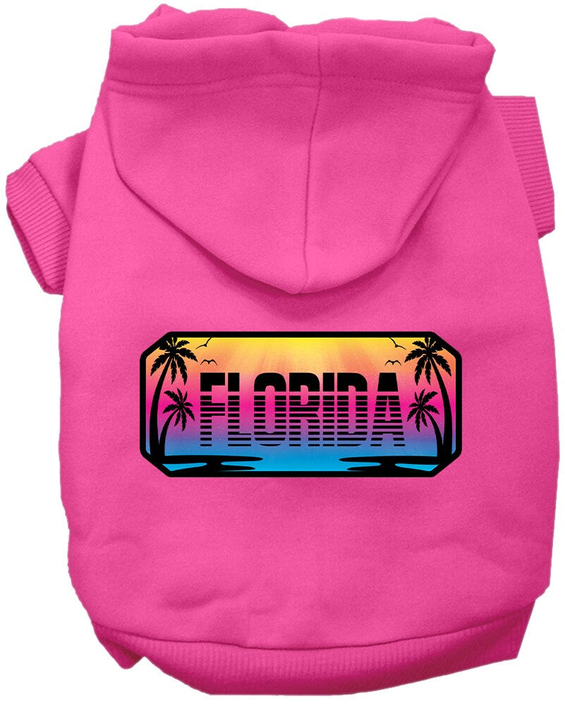 A medium to large pet wearing a stylish screen printed hoodie with a 'Florida Beach Shades' design, showcasing comfort and durability.