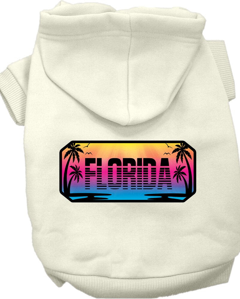 A medium to large pet wearing a stylish screen printed hoodie with a 'Florida Beach Shades' design, showcasing comfort and durability.