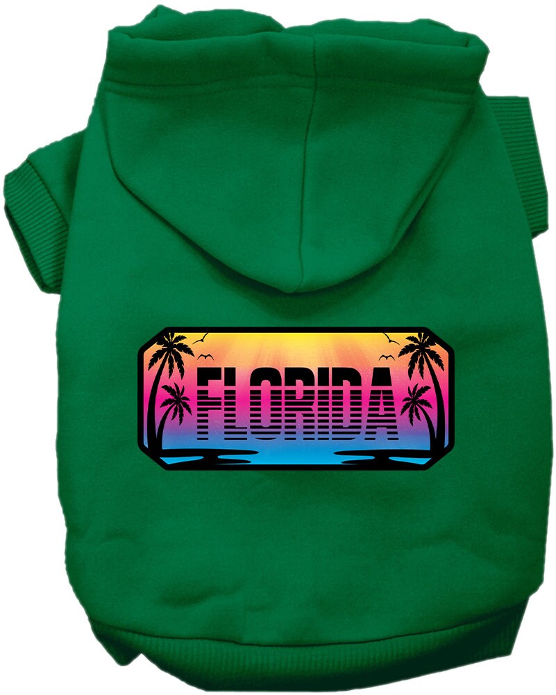 A medium to large pet wearing a stylish screen printed hoodie with a 'Florida Beach Shades' design, showcasing comfort and durability.