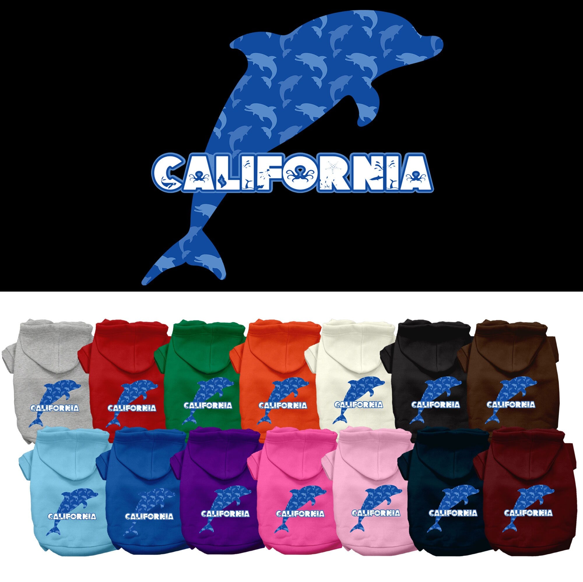 A medium to large pet wearing a California Blue Dolphins screen printed hoodie, showcasing its vibrant design and comfortable fit.